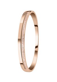 Roze gouden armband met een gladde, gepolijste oppervlakte. Bevat een enkele rij kleine, heldere stenen langs het midden, wat zorgt voor een subtiele accent.