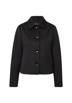 Black tailored jacket with a collared neckline, long sleeves, and five glossy buttons down the front. Made from a smooth, structured fabric.