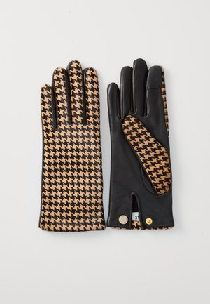 Bruine en zwarte houndstooth-patroon handschoenen met leren accenten. Beschikt over een zachte textuur en twee gouden knopen op de manchette.