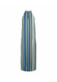 Gestreiftes Halterneck-Kleid in Blau, Grün, Braun und Grau. Verfügt über einen Bindekragen und eine fließende Form. Hergestellt aus leichtem Stoff.