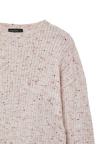 Maglione pullover in morbido e leggero maglione rosa con texture a coste e motivi puntinati in tonalità più scure. Collo rotondo, design con spalle scese.