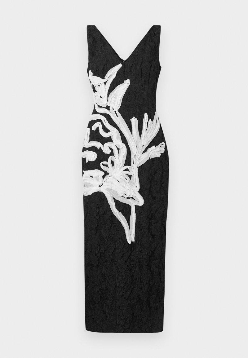 Black dress with a deep V-neck, featuring a white floral design made of textured fabric. Bodycon fit with knee-length hem.