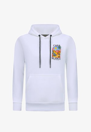 Witte hoodie van katoen, voorzien van een voorkantzak, zwarte trekkoorden en een kleurrijk grafisch ontwerp met de tekst "CASA BLANCA."