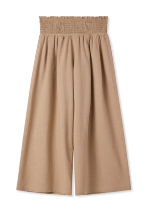 Pantaloni beige a gamba larga con vita elasticizzata arricciata e vestibilità ampia e fluida che arriva alle caviglie.