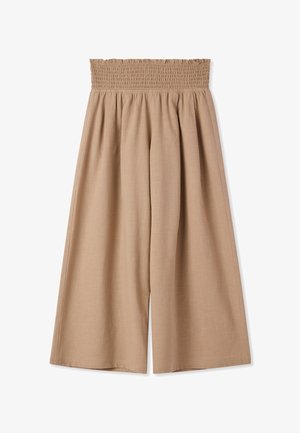 Pantaloni beige a gamba larga con vita elasticizzata arricciata e vestibilità ampia e fluida che arriva alle caviglie.