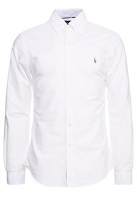 Wit katoenen shirt met lange mouwen en een button-down kraag, voorzien van crèmekleurige knopen en een klein geborduurd logo op de linkerborst.
