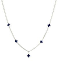 Silver chain necklace featuring five navy-blue four-leaf clover accents, alternating with links in a woven design.