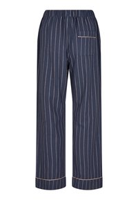 Navy blue wide-leg striped pants with horizontal stripes, elastic waistband, and a back pocket with a beige trim at the hem.