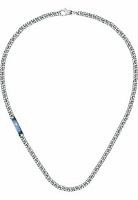 Halskette aus Metall mit ineinandergreifenden Gliedern, silberfarbig, mit einer blauen Akzentplatte und einem Karabinerverschluss.