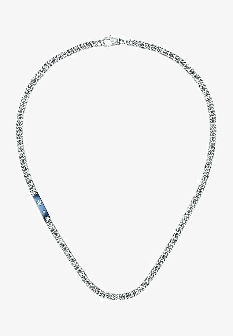 Halskette aus Metall mit ineinandergreifenden Gliedern, silberfarbig, mit einer blauen Akzentplatte und einem Karabinerverschluss.