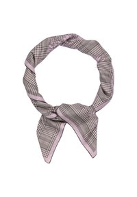 Silk scarf featuring a black and white checkerboard pattern, with lavender edges and floral accents. Lightweight and smooth texture.