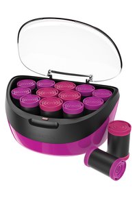 Locktångsset i en rund svart och rosa behållare med genomskinligt lock, innehållande 12 cylindriska rullar i rosa och svart.