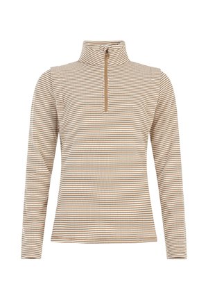 Langarm, hoge hals pullover in een beige en bruine houndstoothpatroon, met een halve rits en een zachte, gestructureerde stof.