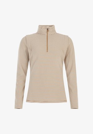 Langarm, hoge hals pullover in een beige en bruine houndstoothpatroon, met een halve rits en een zachte, gestructureerde stof.