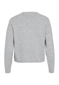 Szary dziany sweter z okrągłym dekoltem, długimi rękawami, ściągaczami na mankietach i u dołu; miękka tekstura i bezszwowy wzór bez ozdób.