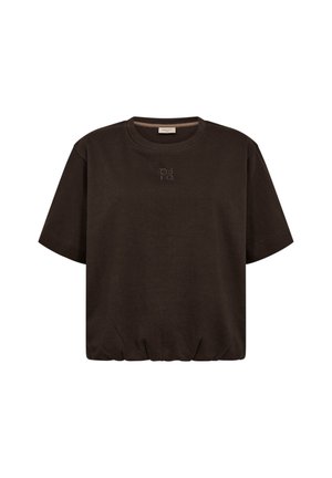 Donkerbruine katoenen T-shirt met korte mouwen, een ronde hals en klein geborduurd logo middenvoor vlakbij de kraag.