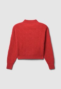 Roter gestrickter Pullover mit strukturiertem Muster, geripptem Kragen und Bündchen. Verkürzte Länge und lange Ärmel. Dickes Garnmaterial.