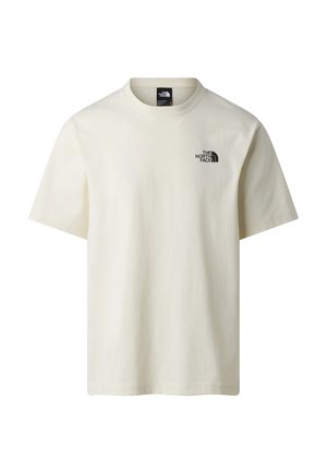 Off-white kortærmet T-shirt med rund hals og lille sort The North Face-logo på venstre bryst.