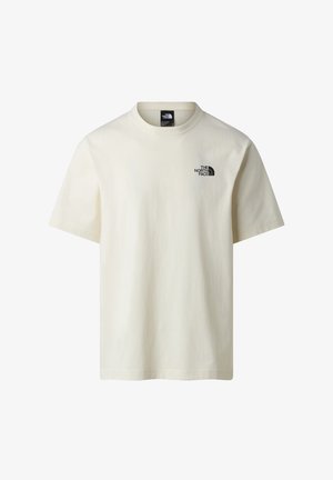 Off-white Kurzarm-T-Shirt mit Rundhalsausschnitt und kleinem schwarzen The North Face-Logo auf der linken Brust.