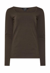 Langärmliges Oberteil mit quadratischem Ausschnitt in Dunkelbraun, gefertigt aus einem weichen Material mit glatter Textur und minimalen Nähten am Saum.