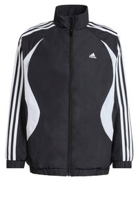 Čierna Adidas mikina na zips s bielymi bočnými panelmi, troma bielymi pásikmi na rukávoch, elastickými manžetami a logom na hrudi.
