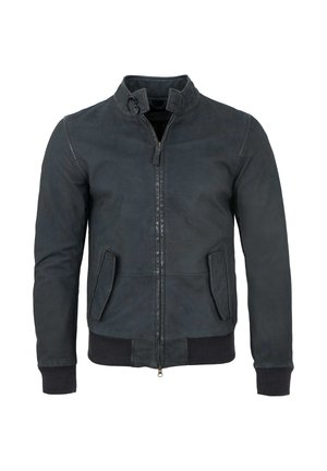 Dunkelgraue Bomberjacke mit Frontreißverschluss, hohem Kragen mit Knöpfen, zwei Klapptaschen sowie gerippten Bündchen und Saum.