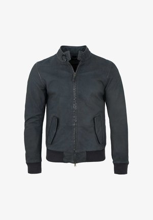 Dunkelgraue Bomberjacke mit Frontreißverschluss, hohem Kragen mit Knöpfen, zwei Klapptaschen sowie gerippten Bündchen und Saum.