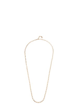 Collar de metal en tono dorado con un diseño de cadena de eslabones ovalados. La cadena presenta acentos alternos suaves y texturizados, finalizada con un sencillo cierre.