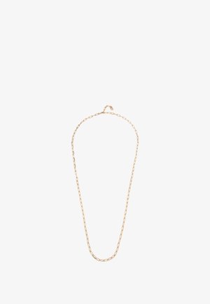 Collier en métal doré avec un design de chaîne à maillons ovales. La chaîne présente des accents alternés lisses et texturés, terminée par un fermoir simple.