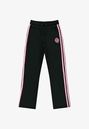 Zwarte sweatpants met elastische tailleband, trekkoord, roze zijsstrips en een cirkelvormig logo op de linker dij. Gemaakt van een zachte katoenmix.