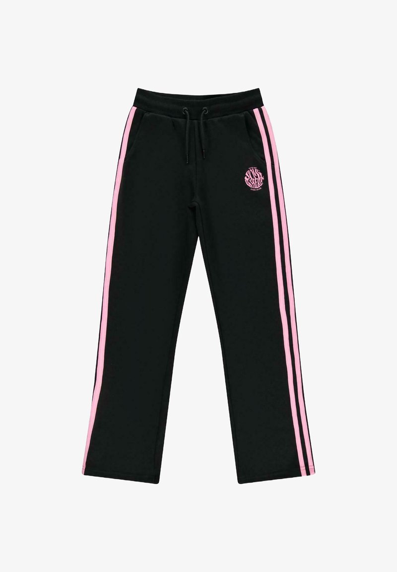 Zwarte sweatpants met elastische tailleband, trekkoord, roze zijsstrips en een cirkelvormig logo op de linker dij. Gemaakt van een zachte katoenmix.