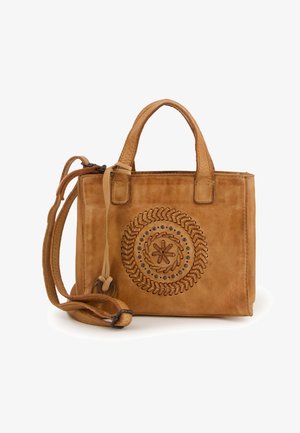 Tan leather handbag with embossed circular design featuring stitching and metal accents. Includes short handles and a detachable shoulder strap.