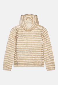 Lichtbeige pufferjack met een capuchon, met een quilted ontwerp en een gladde, glanzende textuur. De achterkant laat een horizontaal stikselpatroon zien.