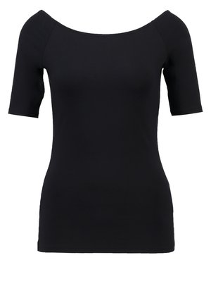 Black short-sleeve top with an off-the-shoulder neckline, fitted design, and smooth texture. No visible patterns or hardware details.