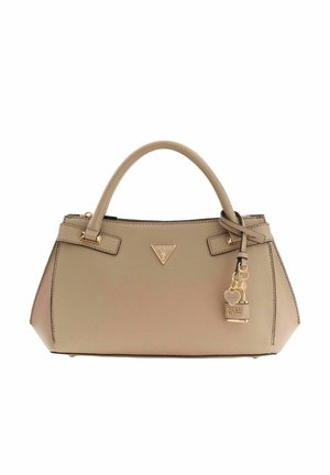 Borsa beige in materiale texturizzato, con finiture in oro, logo triangolare e ciondolo decorativo a forma di lucchetto. Forma strutturata con doppio manico.