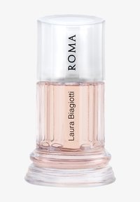Klarer Glasparfümflakon mit blassrosa Flüssigkeit, vertikaler "Laura Biagiotti"-Text und mattierter Kappe mit der Aufschrift "ROMA."