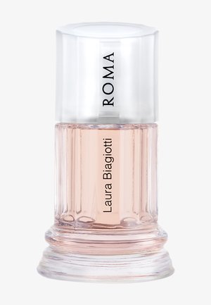 Klarer Glasparfümflakon mit blassrosa Flüssigkeit, vertikaler "Laura Biagiotti"-Text und mattierter Kappe mit der Aufschrift "ROMA."