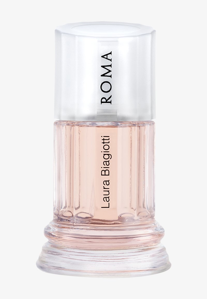Klarer Glasparfümflakon mit blassrosa Flüssigkeit, vertikaler "Laura Biagiotti"-Text und mattierter Kappe mit der Aufschrift "ROMA."