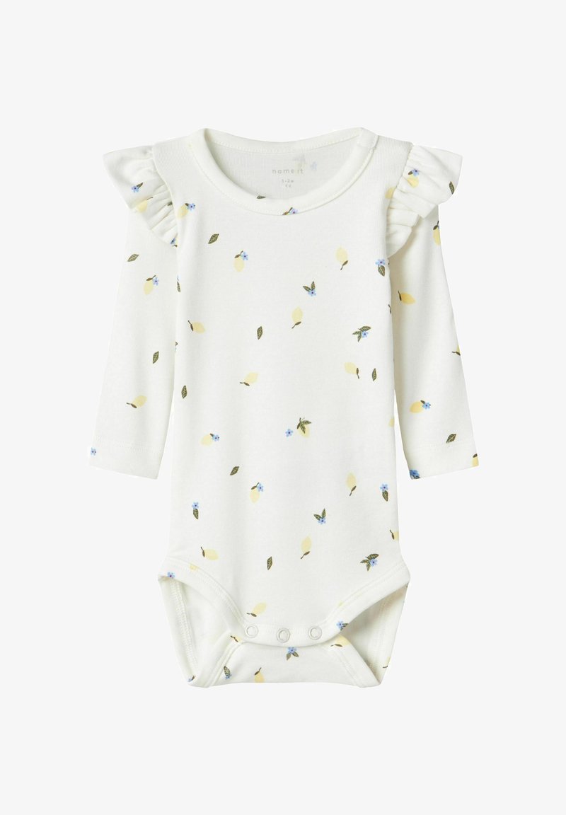 Weißer Langarm-Overall mit kleinen Blumen- und Blättermustern. Verfügt über Rüschendetails an den Schultern und Druckknöpfe am unteren Ende. Weiches Material.