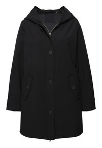 Giacca nera con cappuccio, chiusura frontale con bottoni, due tasche laterali e orlo dritto. Realizzata in un tessuto liscio con una leggera trama.