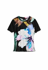 Blusa de manga corta con un diseño floral y acentos coloridos sobre un fondo negro, confeccionada en una tela ligera con detalles de encaje.