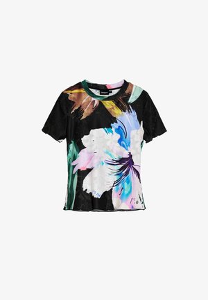 Bluză cu mânecă scurtă, având un design floral cu accente colorate pe un fundal negru, realizată dintr-un material ușor cu detalii din dantelă.