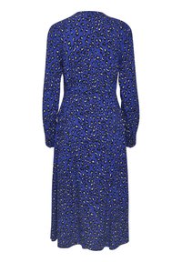 Långärmad blå klänning med ett leopardmönster i svart och guldaccent, med en figursydd midja och A-linjär kjol.