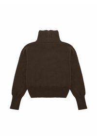 Brauner Strickrollkragenpullover mit geripptem Kragen und Bündchen, verkürzter Länge und glatter Textur. Keine sichtbaren Muster oder Verzierungen.