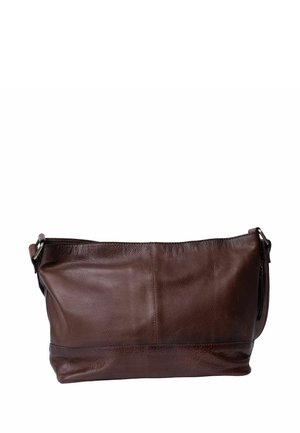 Dark brown leather shoulder bag with adjustable strap and visible stitching on a white background.