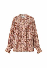 Blouse à manches longues avec un motif floral en orange, rouge et crème. Fabriquée en tissu léger, elle présente un col rond et des détails froncés.