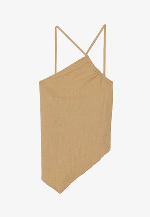 Hellbraunes, strukturiertes Tanktop mit asymmetrischem Design und dünnen, verstellbaren Trägern. Es hat eine geraffte Taille und weichen Stoff.