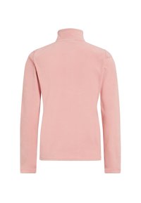 Long-sleeve fleece pullover in soft pink. Features a high collar and a smooth, textured surface with no visible patterns or accents.