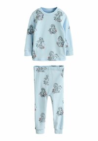 Hellblaues Baumwoll-Pyjama-Set mit langärmeligem Oberteil und eng anliegenden Hosen, verziert mit Cartoonfiguren und Blumenmustern.