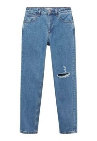 Light blue denim jeans with a straight leg design, featuring a ripped detail on the left thigh and classic five-pocket styling.